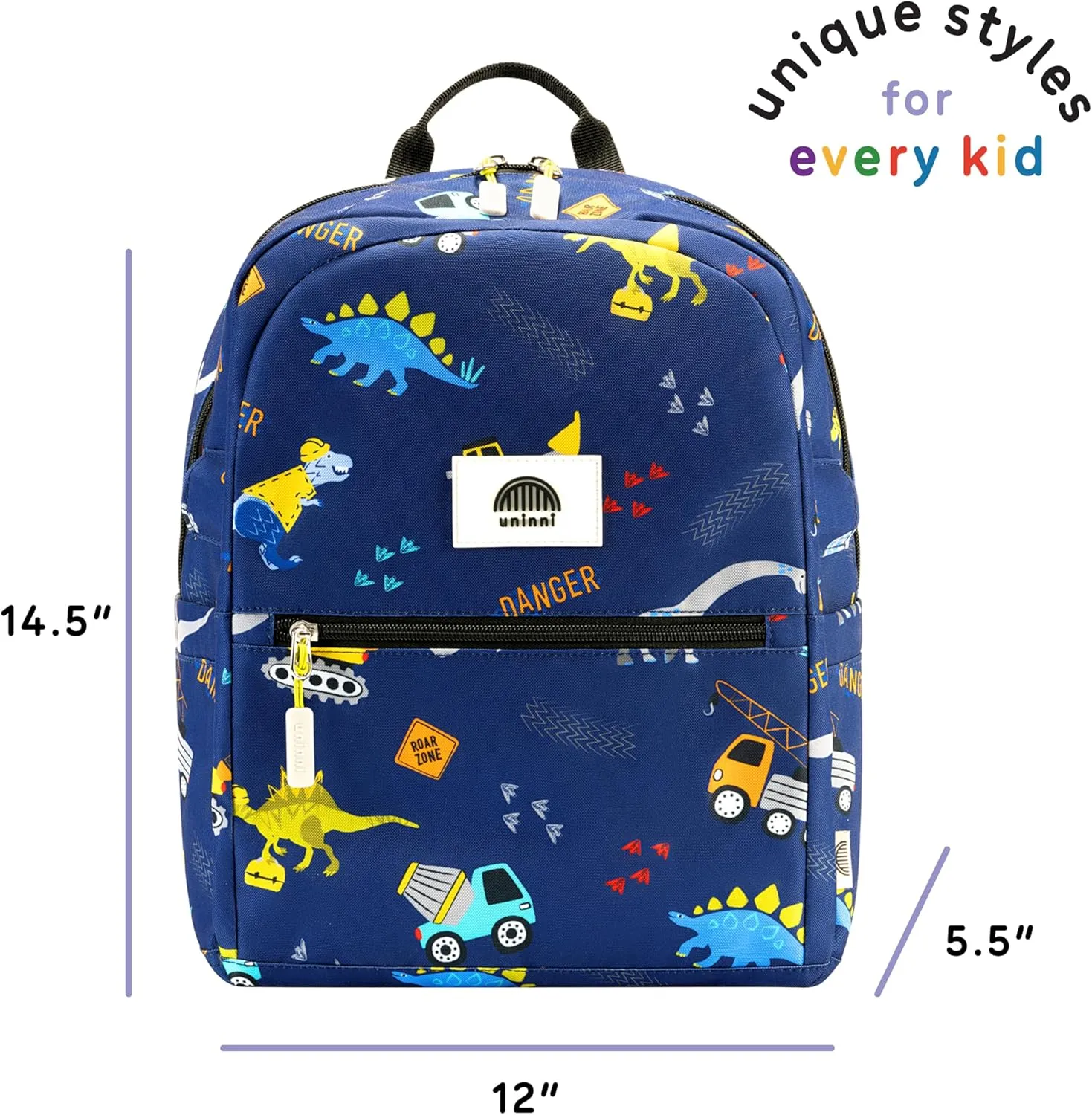 14" Kids Backpack for Girls and Boys Age 5-8 Years Old with Padded, and Adjustable Shoulder Straps - Construction Truck Dino (Navy Blue)