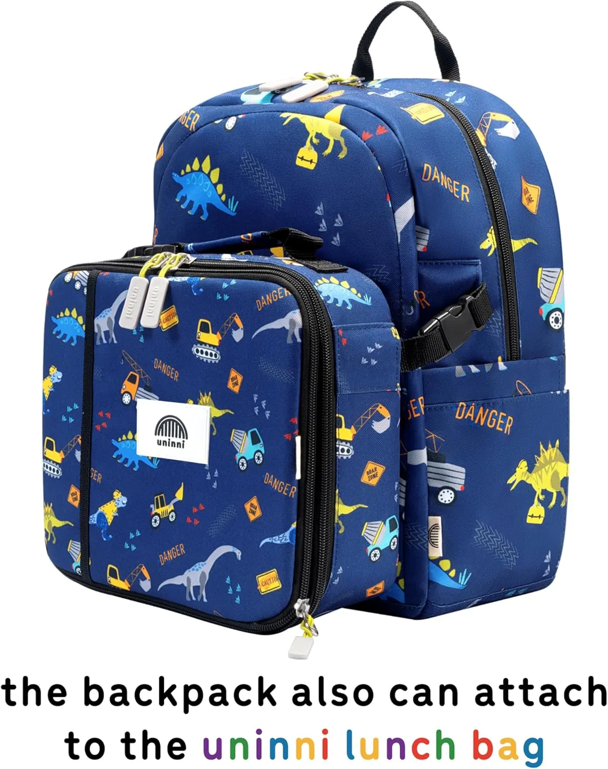 14" Kids Backpack for Girls and Boys Age 5-8 Years Old with Padded, and Adjustable Shoulder Straps - Construction Truck Dino (Navy Blue)