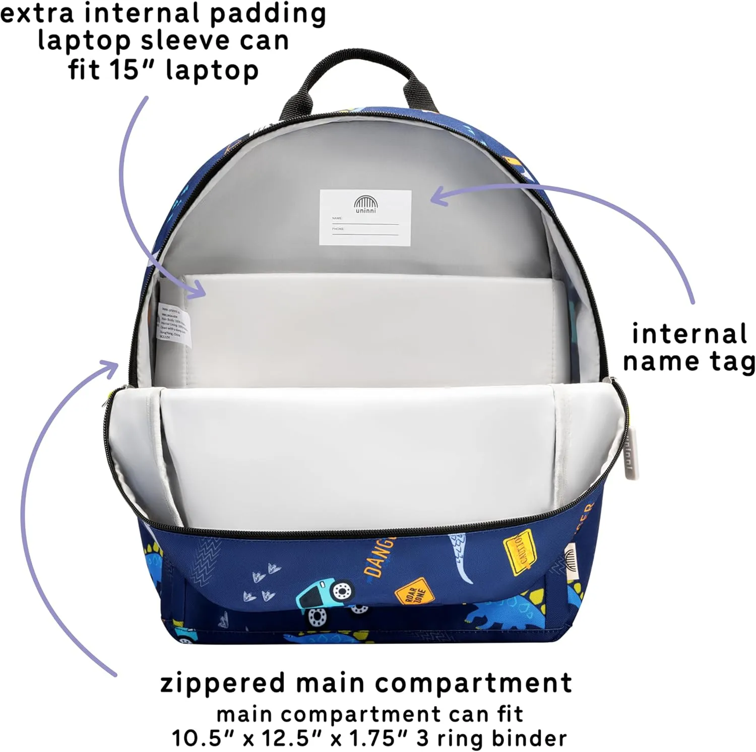 14" Kids Backpack for Girls and Boys Age 5-8 Years Old with Padded, and Adjustable Shoulder Straps - Construction Truck Dino (Navy Blue)
