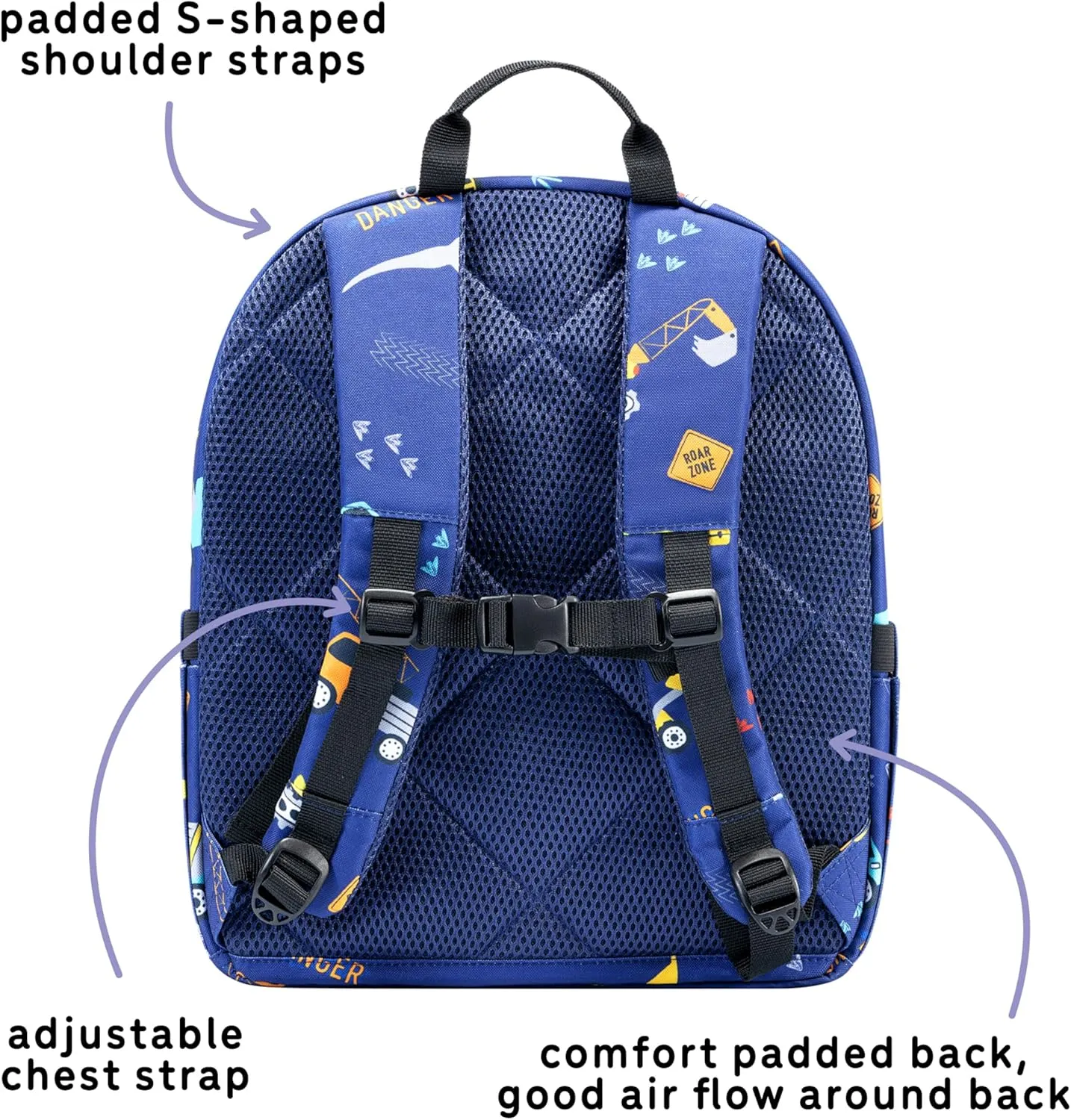 14" Kids Backpack for Girls and Boys Age 5-8 Years Old with Padded, and Adjustable Shoulder Straps - Construction Truck Dino (Navy Blue)