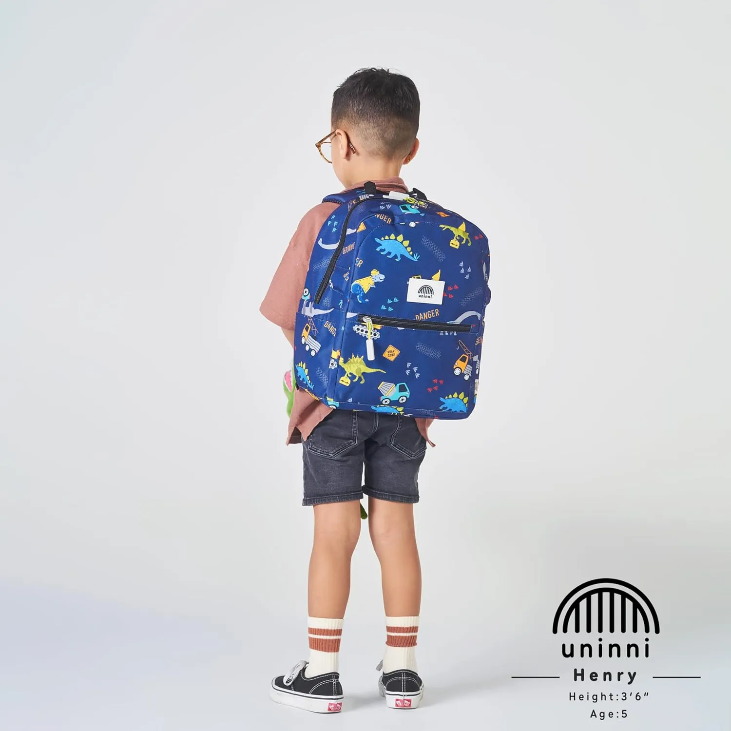 14" Kids Backpack for Girls and Boys Age 5-8 Years Old with Padded, and Adjustable Shoulder Straps - Construction Truck Dino (Navy Blue)