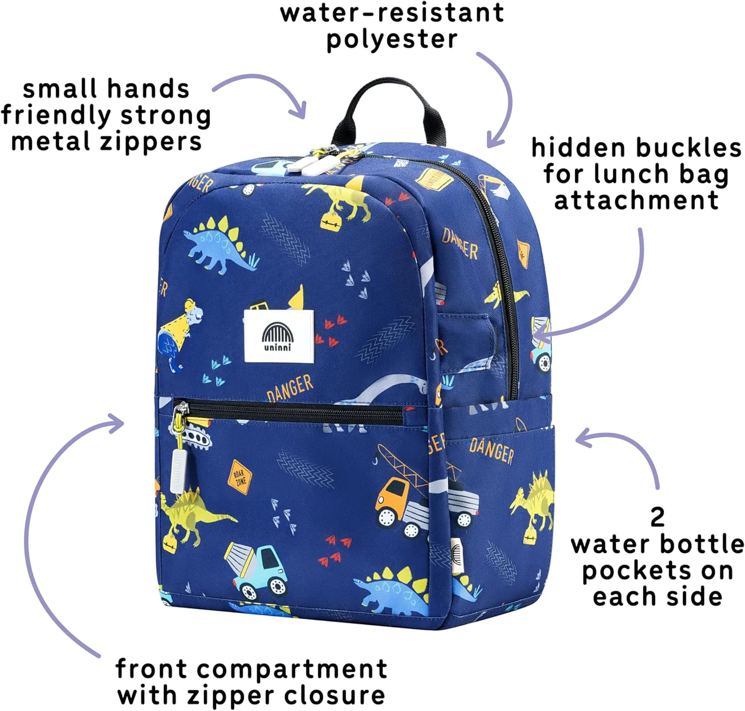 14" Kids Backpack for Girls and Boys Age 5-8 Years Old with Padded, and Adjustable Shoulder Straps - Construction Truck Dino (Navy Blue)