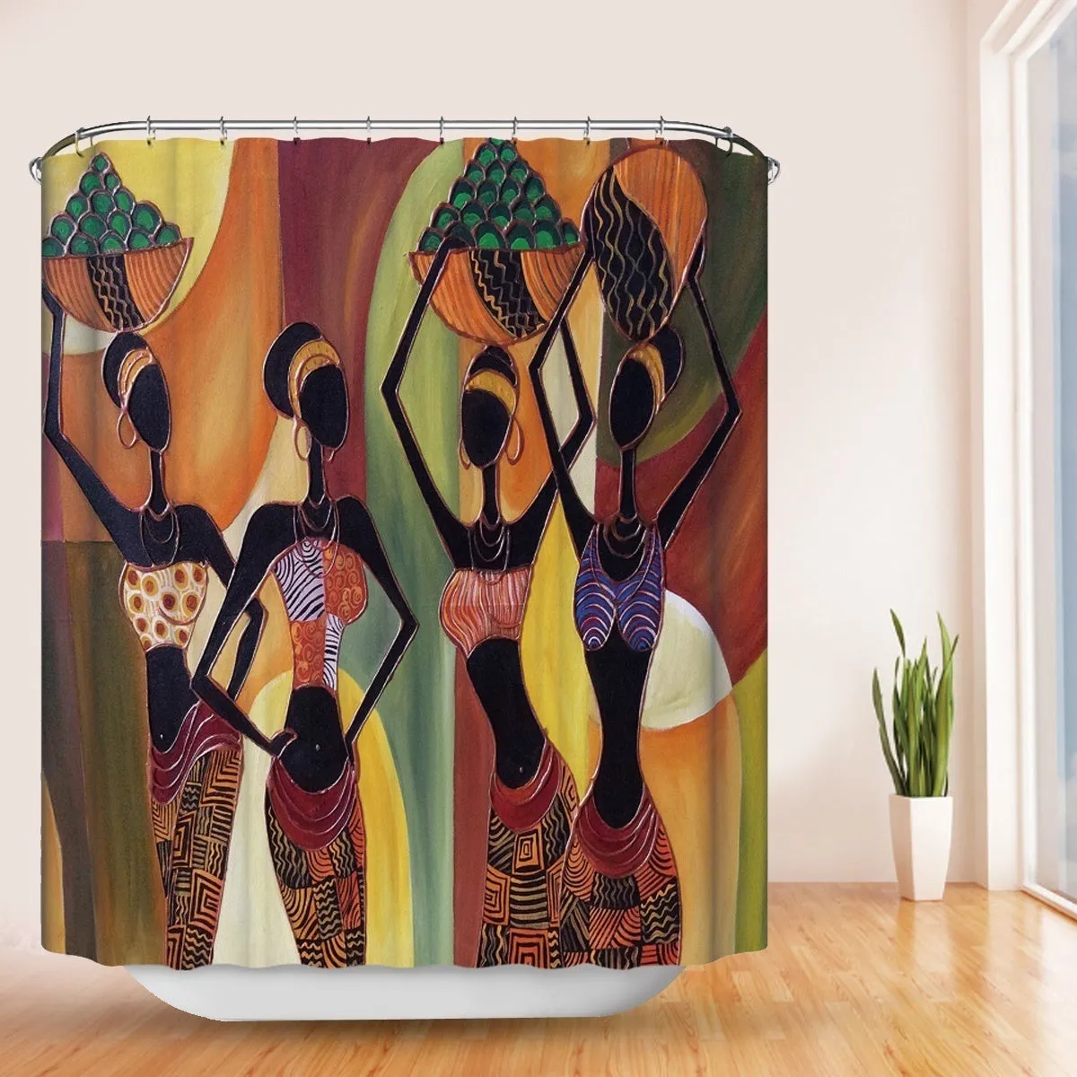 2018 New Arrivals National Flavor Africa Girl Pattern Bathroom Four-piece Suit, Polyester Shower Curtain Bathroom Pedestal Rug Lid Toilet Cover Bath Mat Set