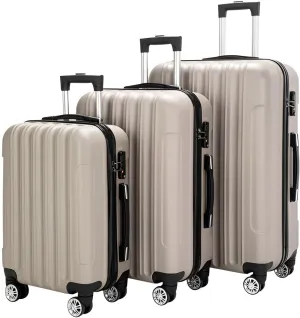 3 in 1 Luggage Set with Universal Wheels Vertical Pattern Design Durable ABS Shell Aluminum Alloy Telescoping Handle Suitcase 20 24 and 28 Inch Champagne