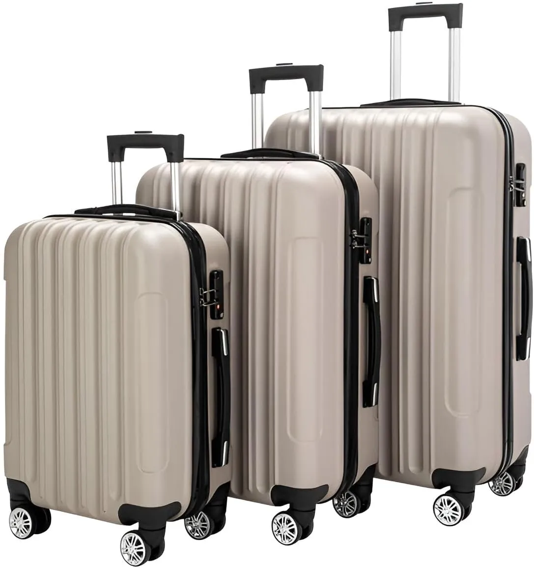 3 in 1 Luggage Set with Universal Wheels Vertical Pattern Design Durable ABS Shell Aluminum Alloy Telescoping Handle Suitcase 20 24 and 28 Inch Champagne