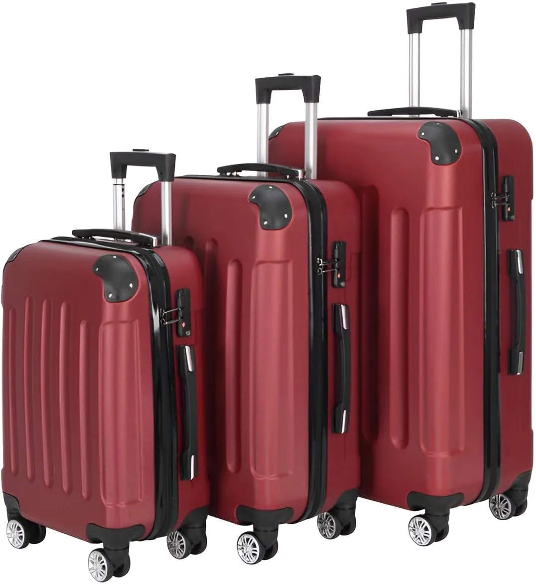 3 Piece Luggage Set  20", 24", 28" ABS Hard Shell Suitcases with Corner Protectors, Aluminum Alloy Handle, 360 Swivel Spinner Wheels, Durable Lightweight Trolley Bags  Burgundy