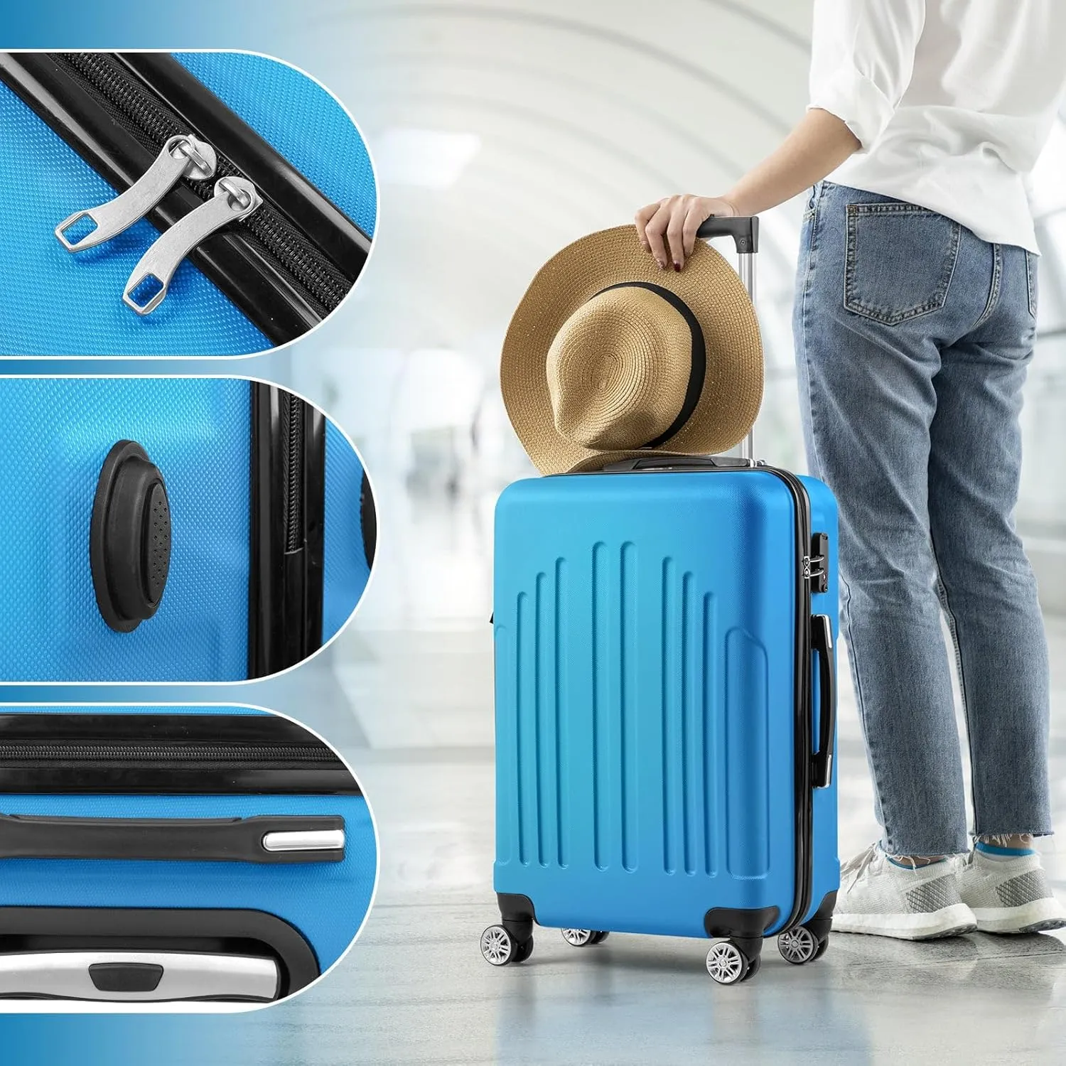 3 Piece Luggage Set  20", 24", 28" Lightweight ABS Suitcases with Aluminum Handle, Spinner Wheels, and Reinforced Corners  Royal Blue