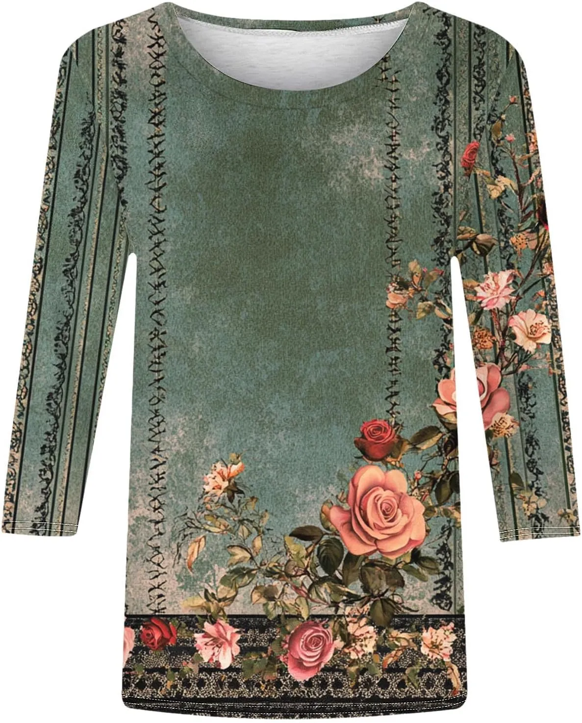 3/4 Length Sleeve Floral Printed Shirts Women's Casual 3/4 Sleeve T-Shirts 2025 Round Neck Tunic Tops Cute Basic Tees