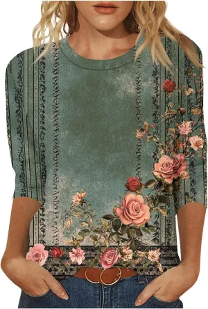 3/4 Length Sleeve Floral Printed Shirts Women's Casual 3/4 Sleeve T-Shirts 2025 Round Neck Tunic Tops Cute Basic Tees