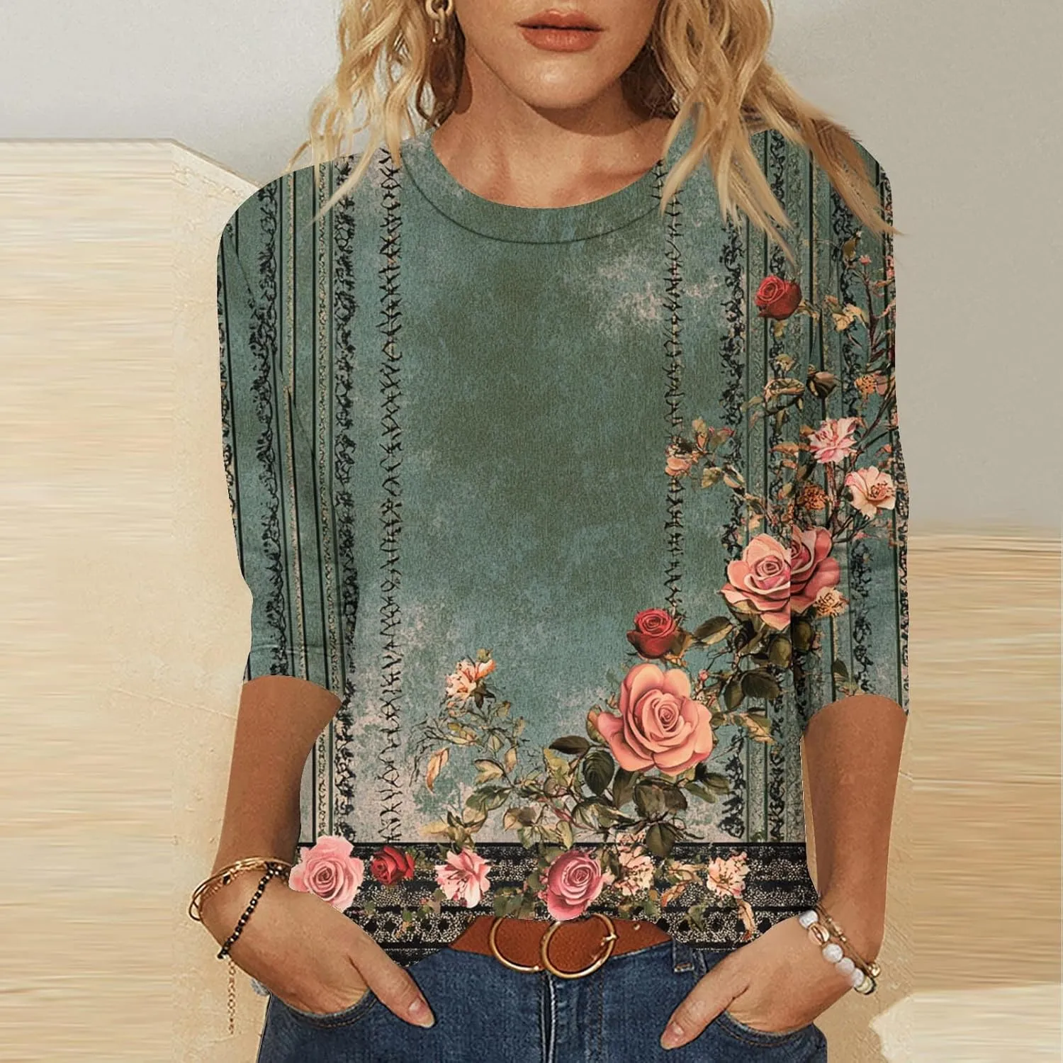 3/4 Length Sleeve Floral Printed Shirts Women's Casual 3/4 Sleeve T-Shirts 2025 Round Neck Tunic Tops Cute Basic Tees
