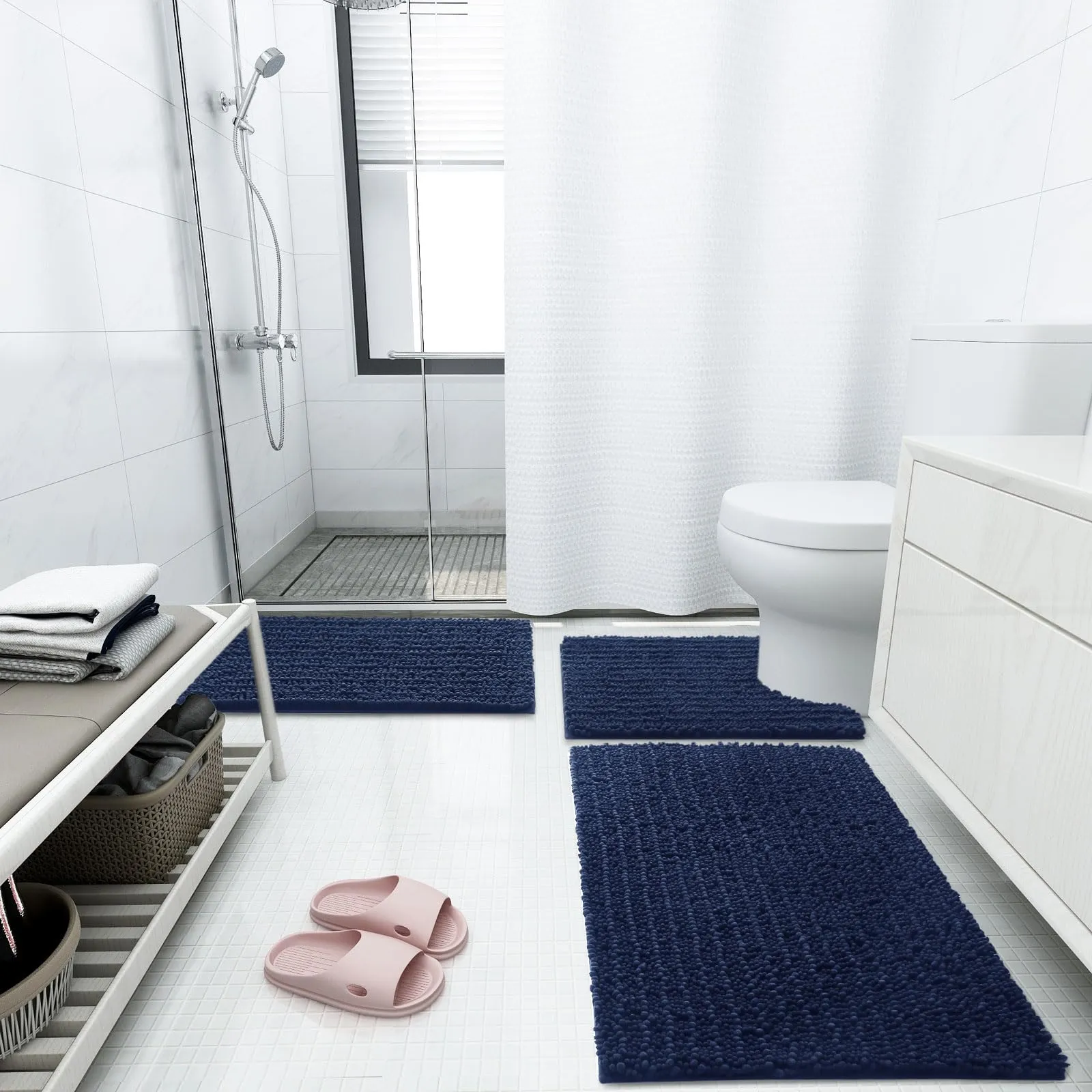 Arotive Luxury Chenille Bathroom Rug Mat, Extra Soft Thick Absorbent Shaggy Bath Rugs, Non-Slip Machine Wash Dry, Plush Bath Mats for Bathroom, Shower and Tub, 30x20, Navy