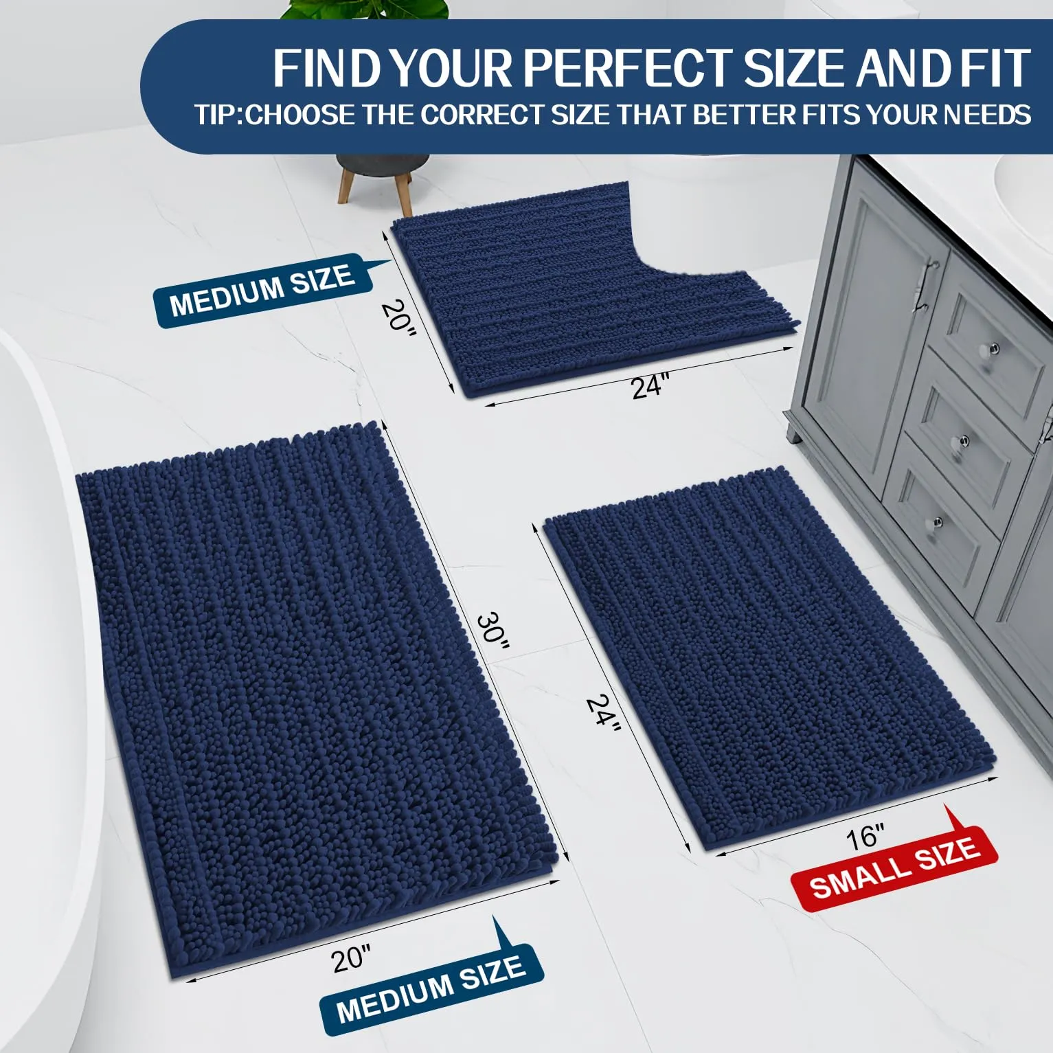 Arotive Luxury Chenille Bathroom Rug Mat, Extra Soft Thick Absorbent Shaggy Bath Rugs, Non-Slip Machine Wash Dry, Plush Bath Mats for Bathroom, Shower and Tub, 30x20, Navy