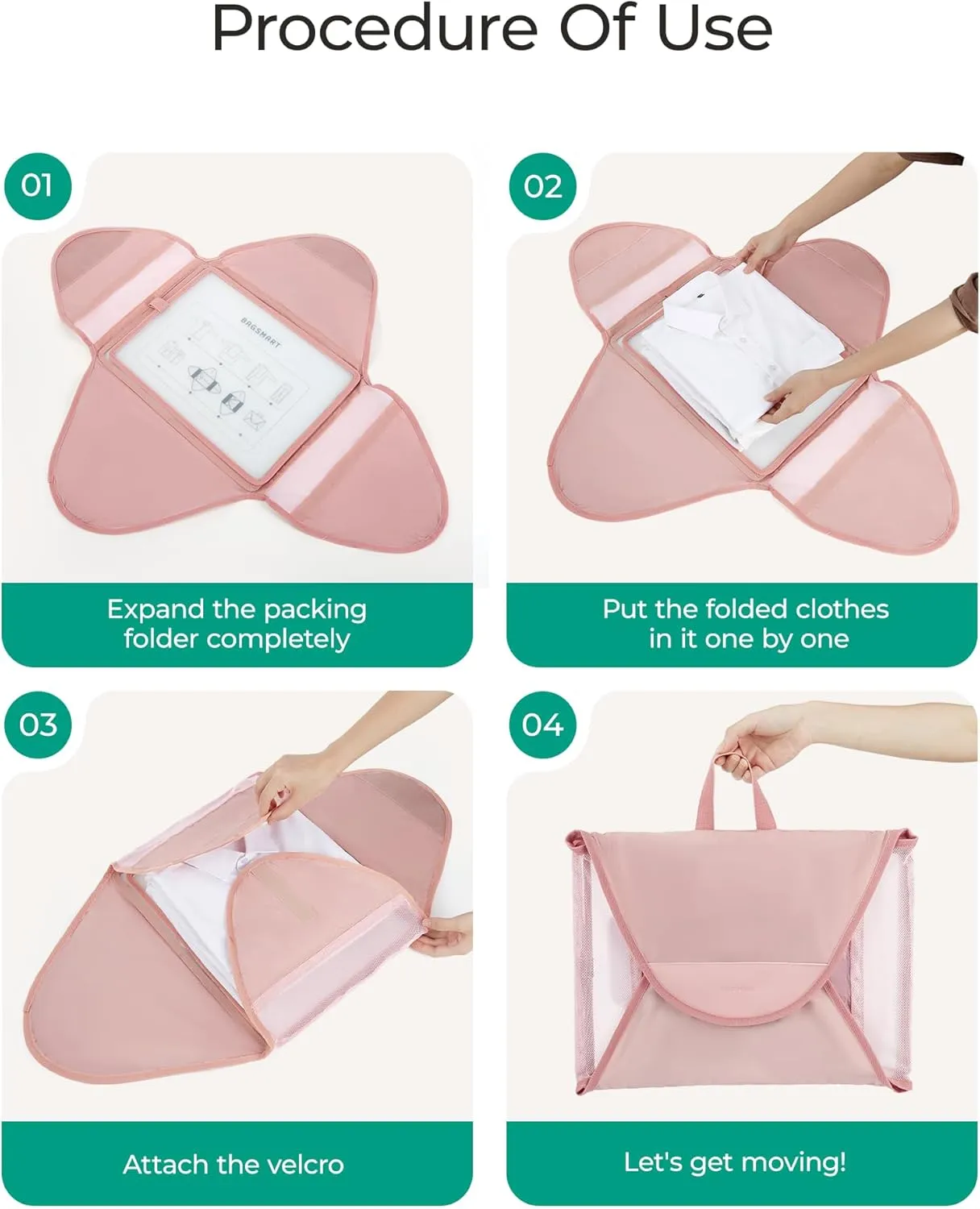 BAGSMART Garment Folder Packing Cubes for Travel, 4 Set Lightweight Travel Cubes for Wrinkle Free, Durable Suitcase Organizers Bag Set for Travel Essentials Baby Pink