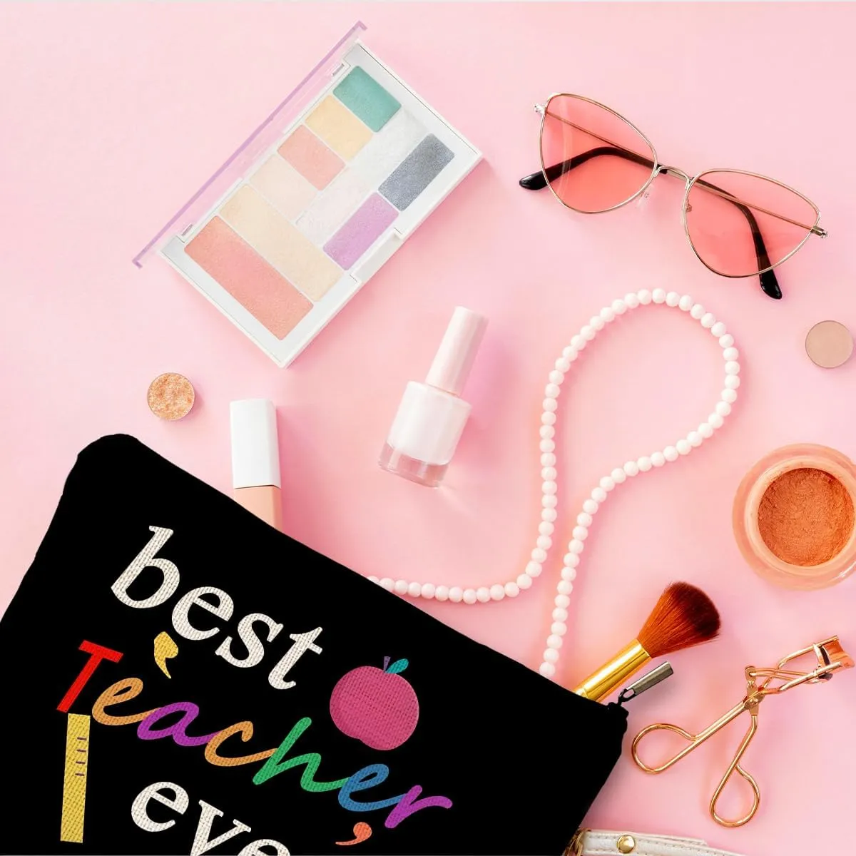 Best Teacher Ever Makeup Bag - Black Cosmetic Bag, Perfect Teacher Appreciation Gift