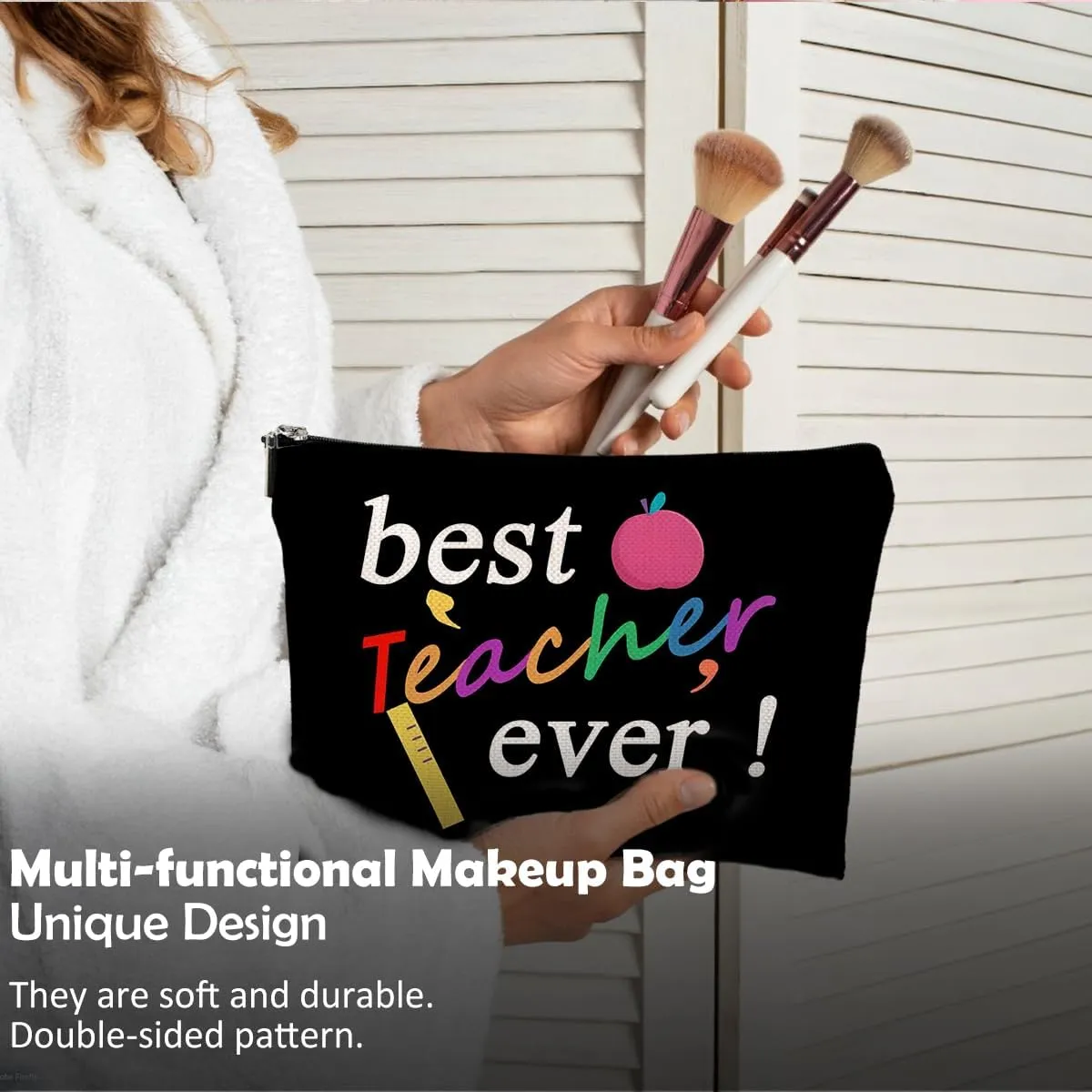 Best Teacher Ever Makeup Bag - Black Cosmetic Bag, Perfect Teacher Appreciation Gift