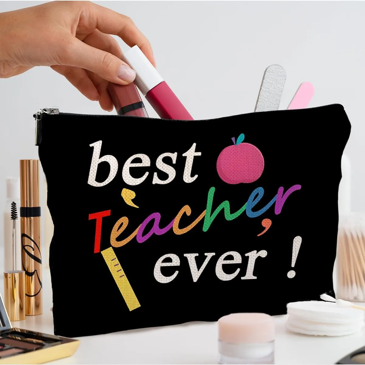 Best Teacher Ever Makeup Bag - Black Cosmetic Bag, Perfect Teacher Appreciation Gift