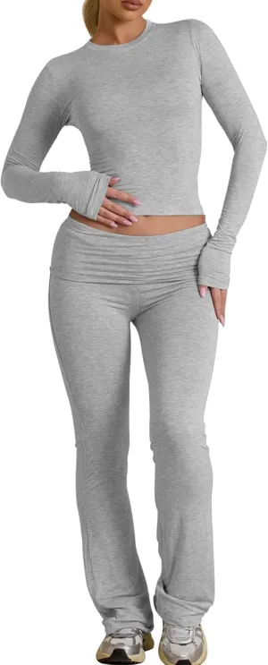 BORIFLORS Women's Workout 2 Piece Lounge Sets Long Sleeve Tops Foldover Flare Pants Casual Outfits Tracksuit