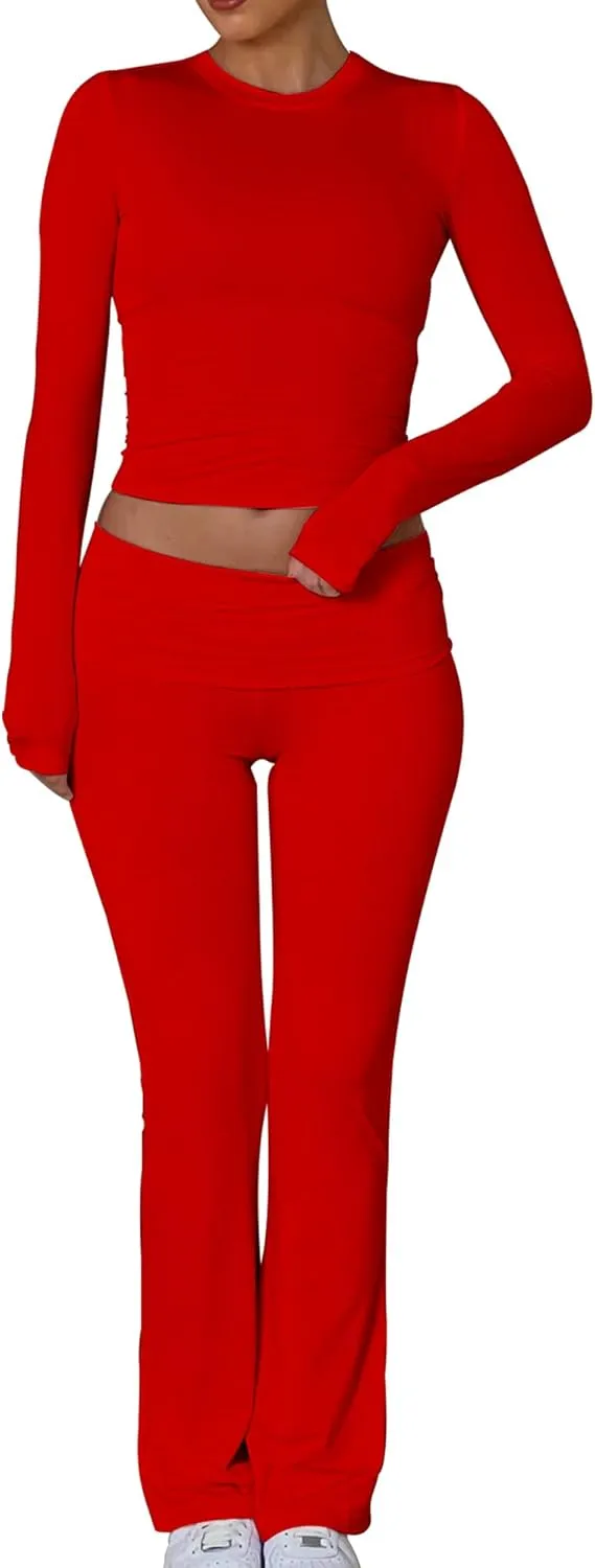 BORIFLORS Women's Workout 2 Piece Lounge Sets Long Sleeve Tops Foldover Flare Pants Casual Outfits Tracksuit