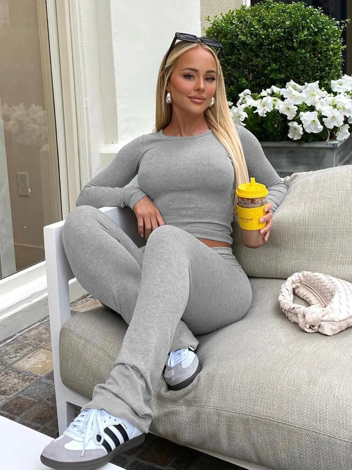 BORIFLORS Women's Workout 2 Piece Lounge Sets Long Sleeve Tops Foldover Flare Pants Casual Outfits Tracksuit
