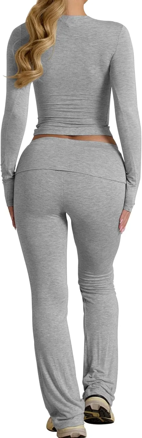 BORIFLORS Women's Workout 2 Piece Lounge Sets Long Sleeve Tops Foldover Flare Pants Casual Outfits Tracksuit