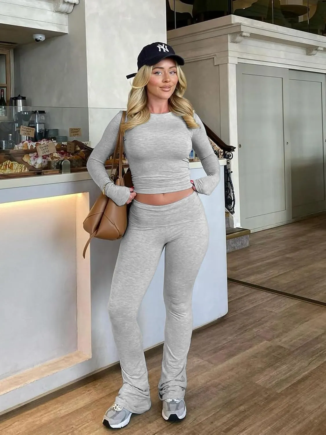 BORIFLORS Women's Workout 2 Piece Lounge Sets Long Sleeve Tops Foldover Flare Pants Casual Outfits Tracksuit