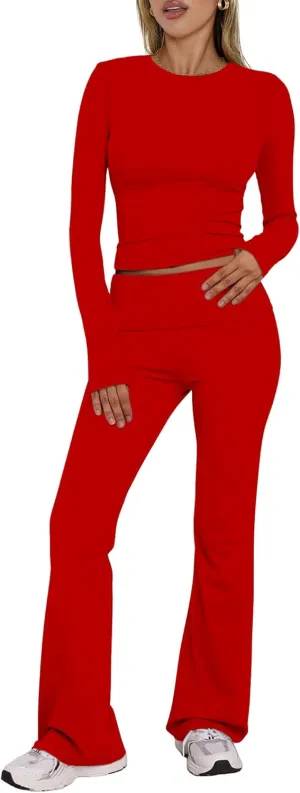 BORIFLORS Women's Workout 2 Piece Lounge Sets Long Sleeve Tops Foldover Flare Pants Casual Outfits Tracksuit