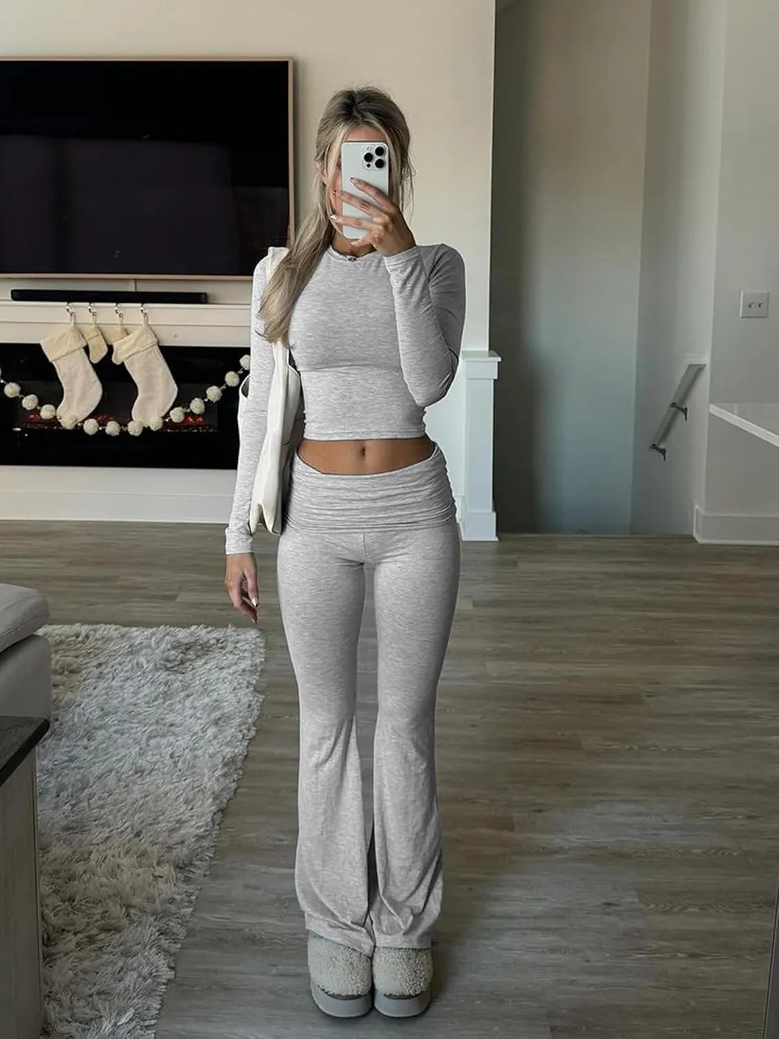 BORIFLORS Women's Workout 2 Piece Lounge Sets Long Sleeve Tops Foldover Flare Pants Casual Outfits Tracksuit