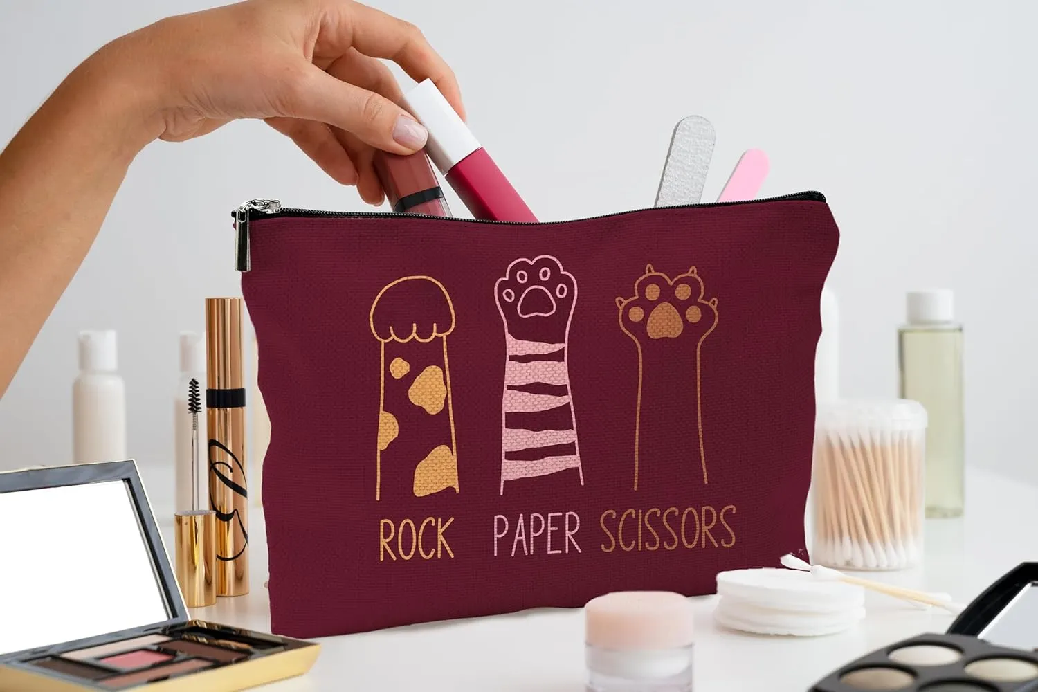 Cat Gifts for Women: Red Paw Makeup Bag With Zipper - Birthday Gifts for Cat Lovers
