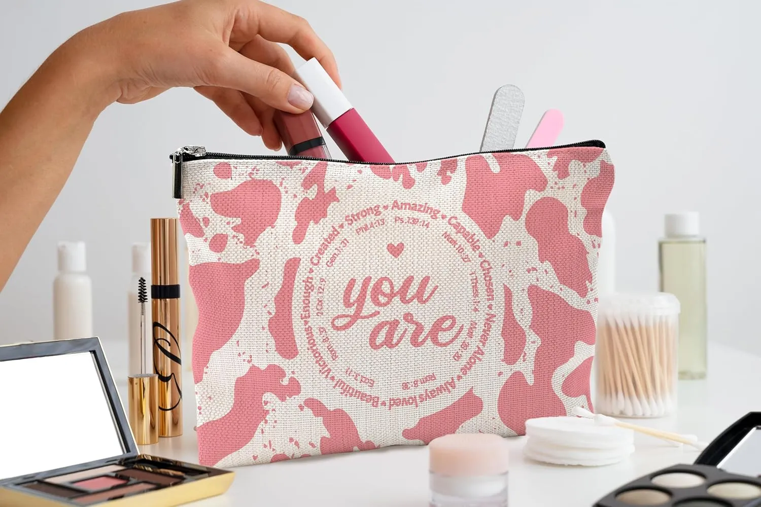 Christian Makeup Cosmetic Bag for Women - Inspirational Faith Gifts, Bible Scripture, Aesthetic Pink Cow Print Small Makeup Bag for Purse