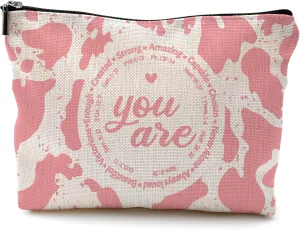 Christian Makeup Cosmetic Bag for Women - Inspirational Faith Gifts, Bible Scripture, Aesthetic Pink Cow Print Small Makeup Bag for Purse