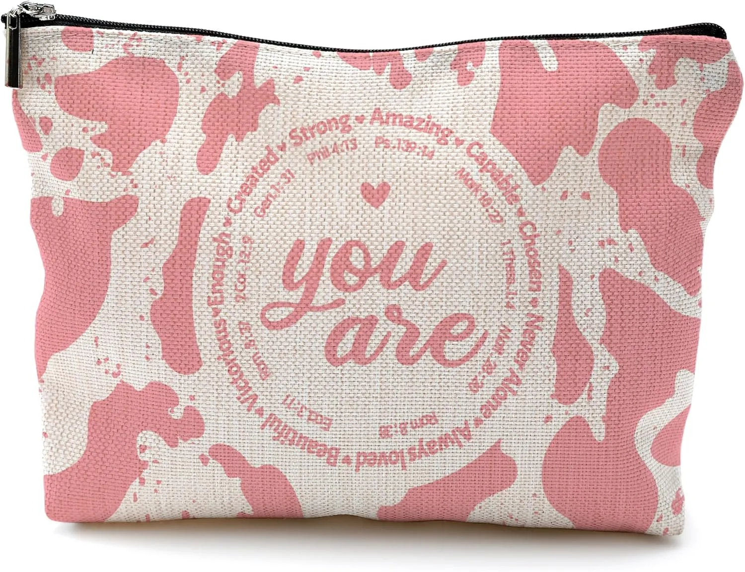 Christian Makeup Cosmetic Bag for Women - Inspirational Faith Gifts, Bible Scripture, Aesthetic Pink Cow Print Small Makeup Bag for Purse