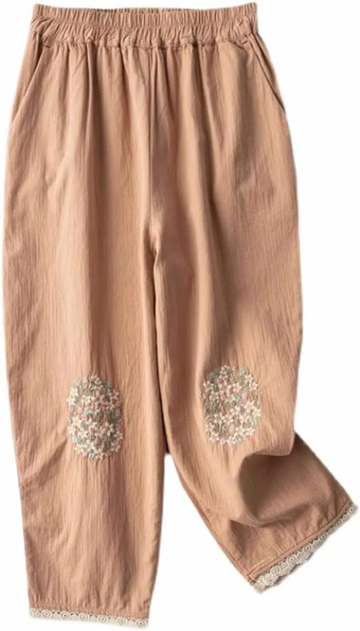 Cotton Flower Embroidery Casual Pants Vintage Loose Slim Lace Wide Leg Trousers Harem Pants