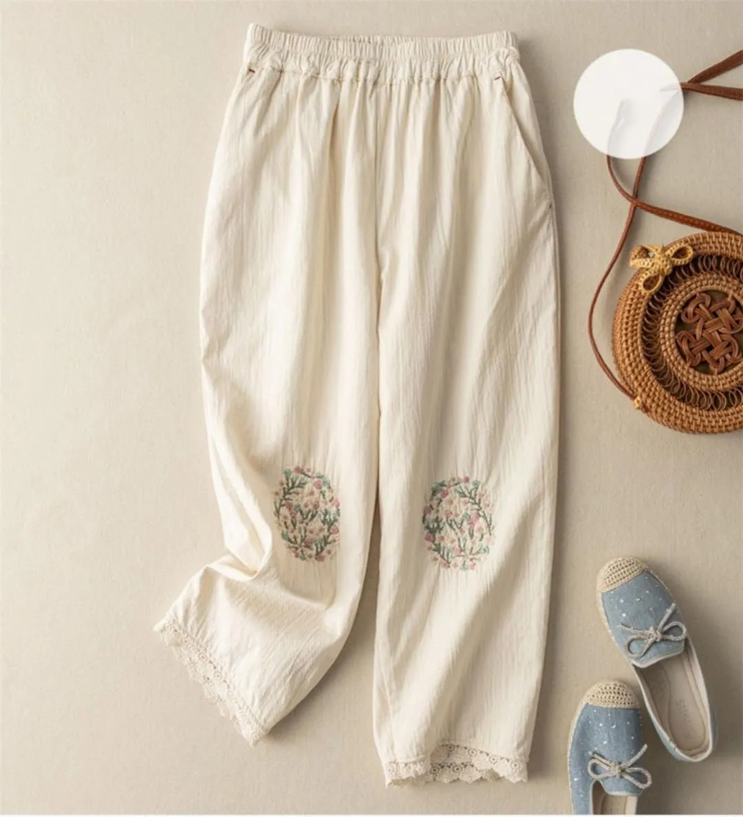 Cotton Flower Embroidery Casual Pants Vintage Loose Slim Lace Wide Leg Trousers Harem Pants