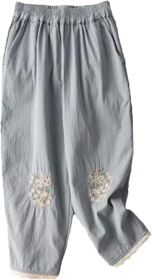 Cotton Flower Embroidery Casual Pants Vintage Loose Slim Lace Wide Leg Trousers Harem Pants