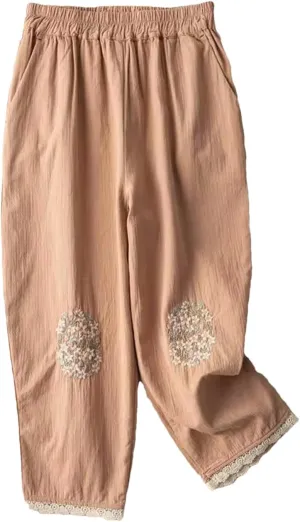 Cotton Flower Embroidery Casual Pants Vintage Loose Slim Lace Wide Leg Trousers Harem Pants