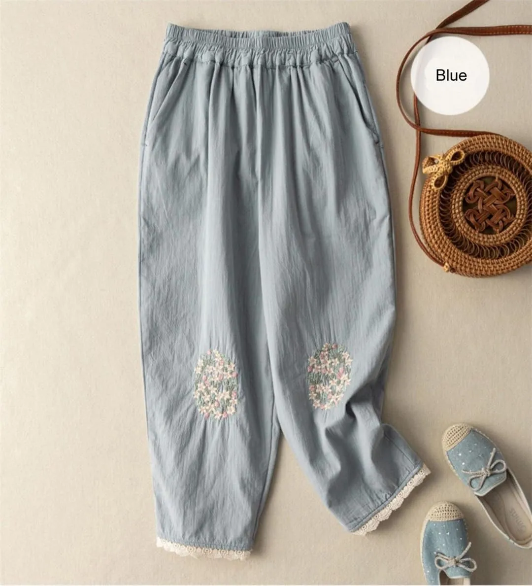 Cotton Flower Embroidery Casual Pants Vintage Loose Slim Lace Wide Leg Trousers Harem Pants