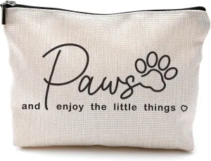 Dog Mom Makeup Bag With Zipper - Inspirational Quote Cosmetic Bag for Women - Paw Print Design