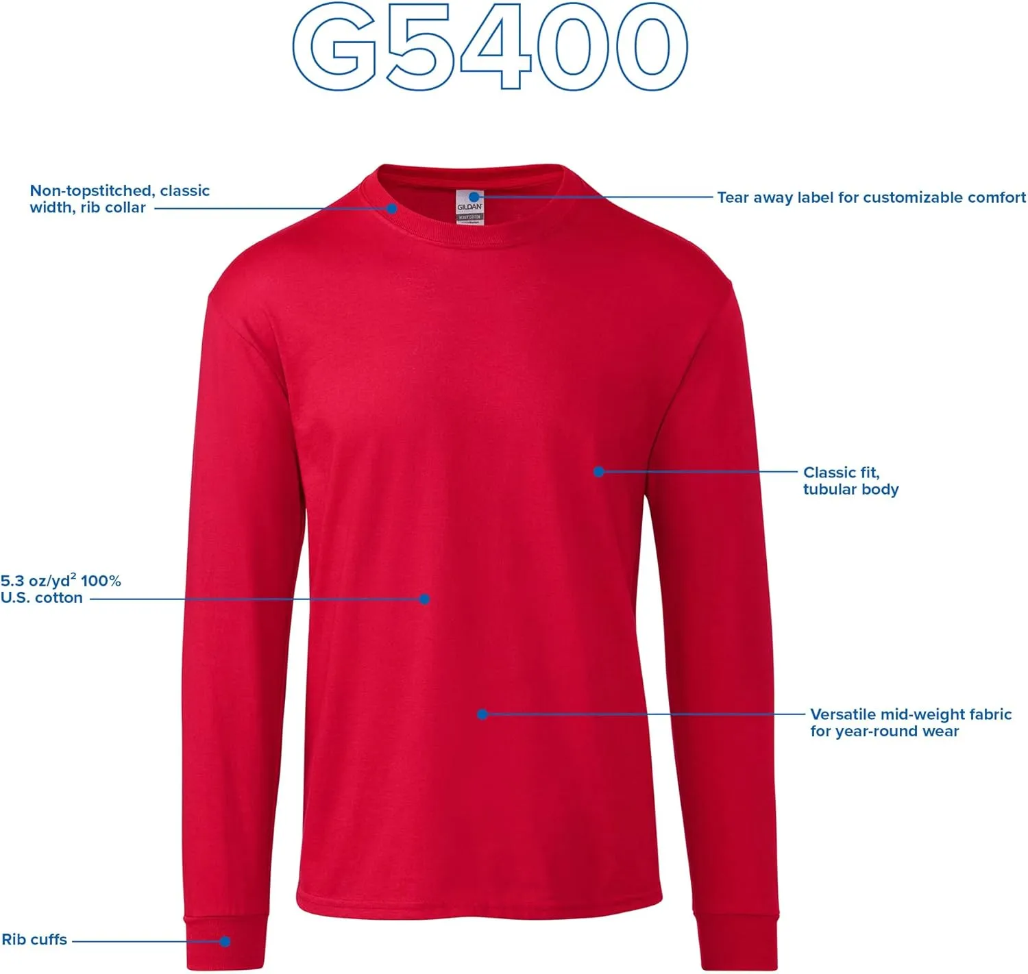 Gildan Adult Heavy Cotton Long Sleeve T-Shirt, Style G5400, 2-Pack
