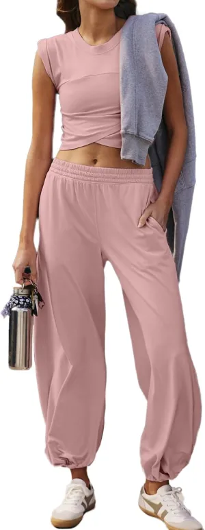 Glamaker Women's Two Piece Athletic Sets Casual Workout Sleeveless Cropped Tops High Sweatpants Joggers Tracksuits