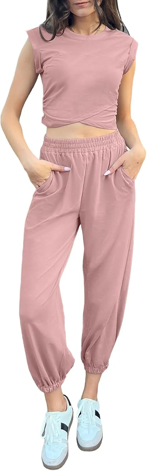 Glamaker Women's Two Piece Athletic Sets Casual Workout Sleeveless Cropped Tops High Sweatpants Joggers Tracksuits