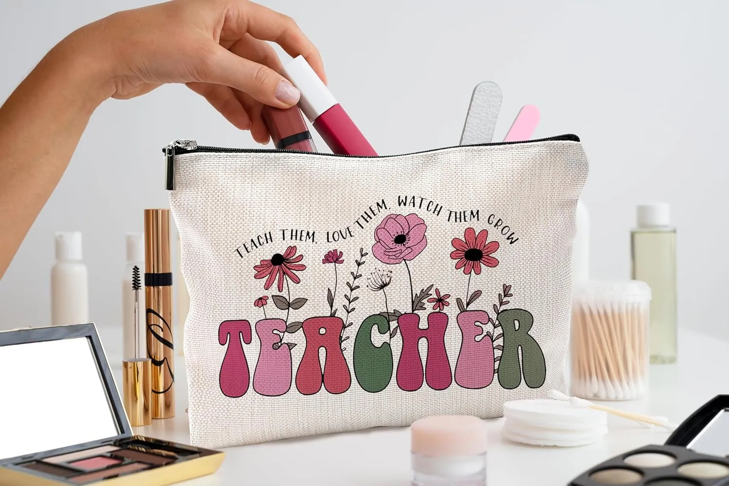 Groovy Teacher Makeup Bag - Boho Floral Cosmetic Bag Pouch for Women - Best Teacher Appreciation Gift