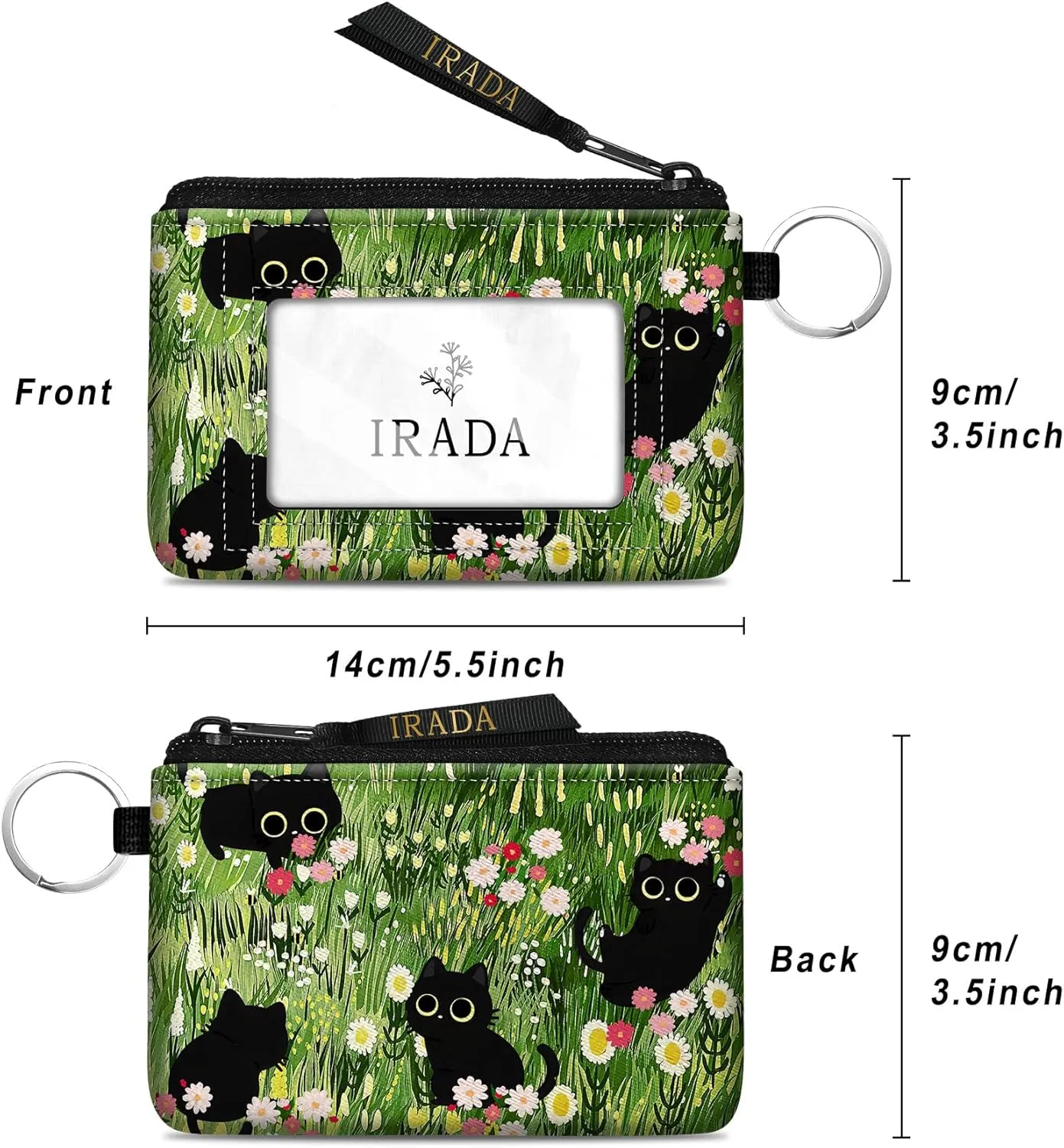 IRADA ID Case Wallet Keychain with Clear ID Window Zipper Cute Coin Purse for Women Water Resistant Small Coin Pouch-Black Cat Floral Keychain Wallet