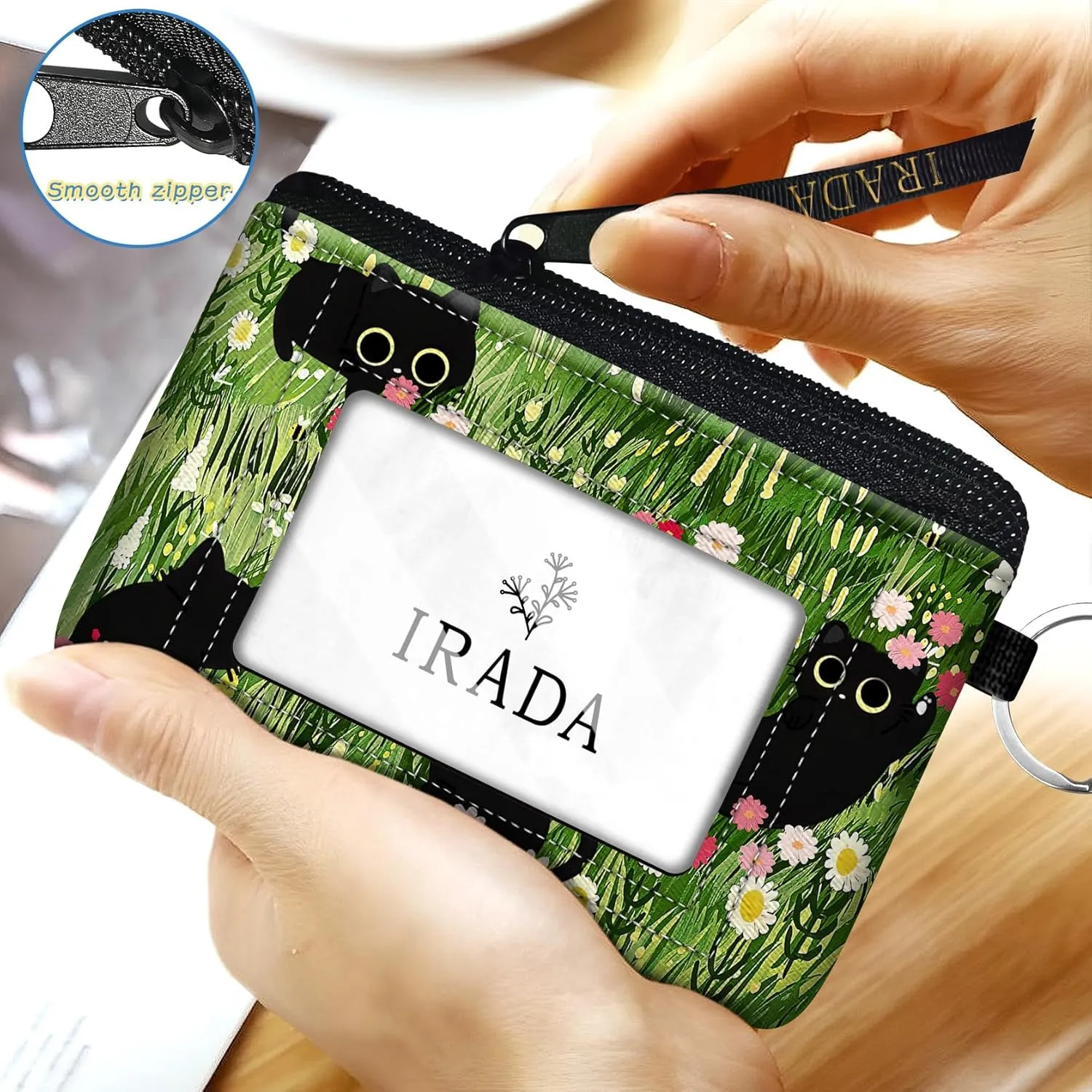 IRADA ID Case Wallet Keychain with Clear ID Window Zipper Cute Coin Purse for Women Water Resistant Small Coin Pouch-Black Cat Floral Keychain Wallet
