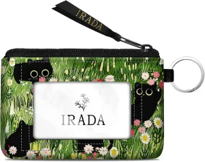 IRADA ID Case Wallet Keychain with Clear ID Window Zipper Cute Coin Purse for Women Water Resistant Small Coin Pouch-Black Cat Floral Keychain Wallet