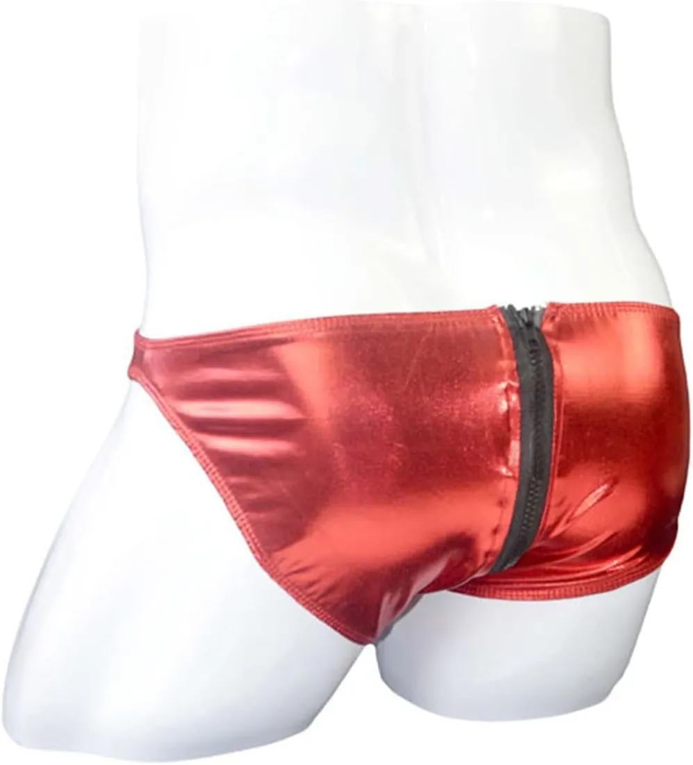 JEsilunmaMY Mens Double Zipper Briefs Low Rise Faux Leather Erotic Lingerie Panties Solid Color Bikini Underwear Swimsuit