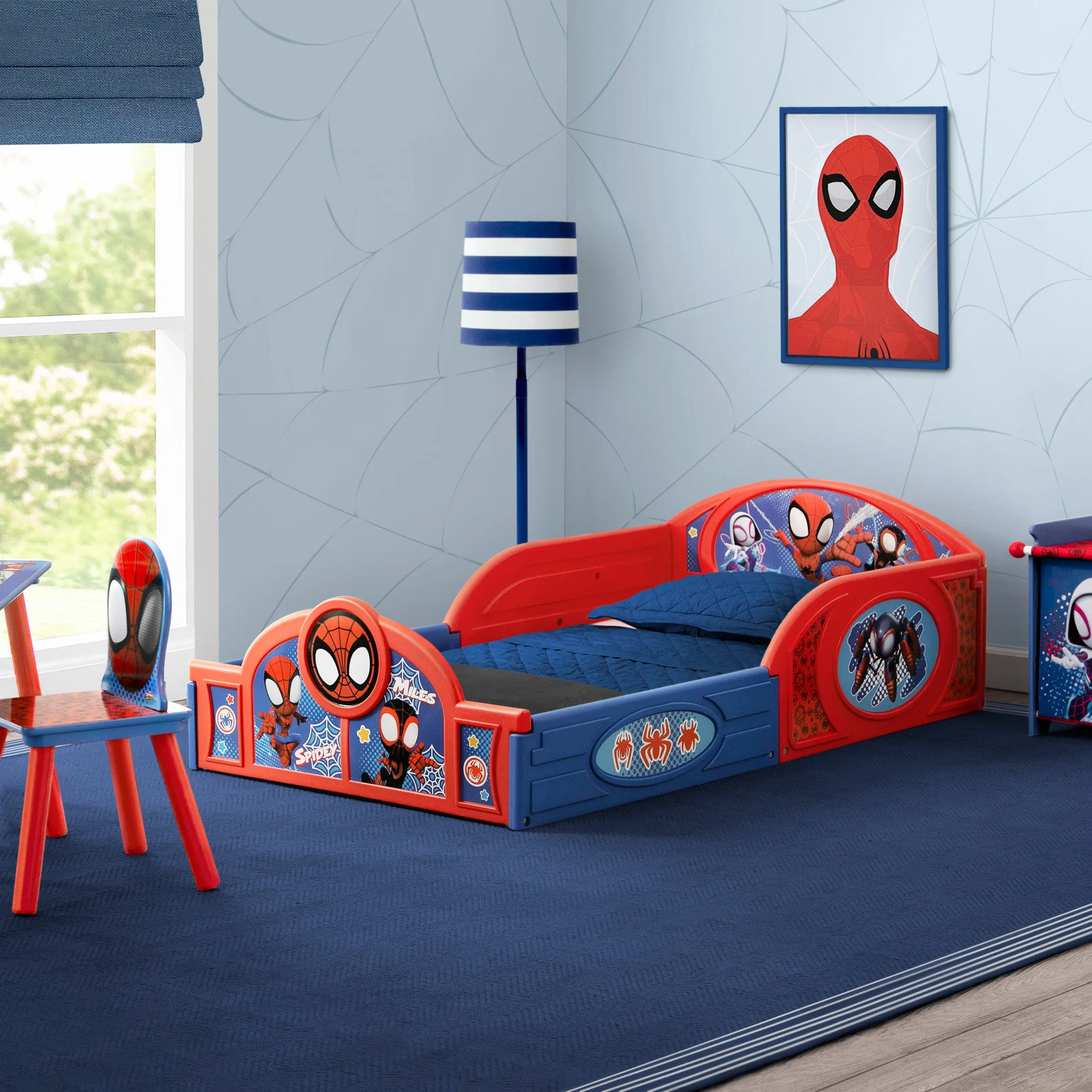 Marvel Spidey and His Amazing Friends 4-Piece Toddler Room-in-a-Box Set – Includes Sleep and Play Toddler Bed, Table, 1 Chair and Toy Box