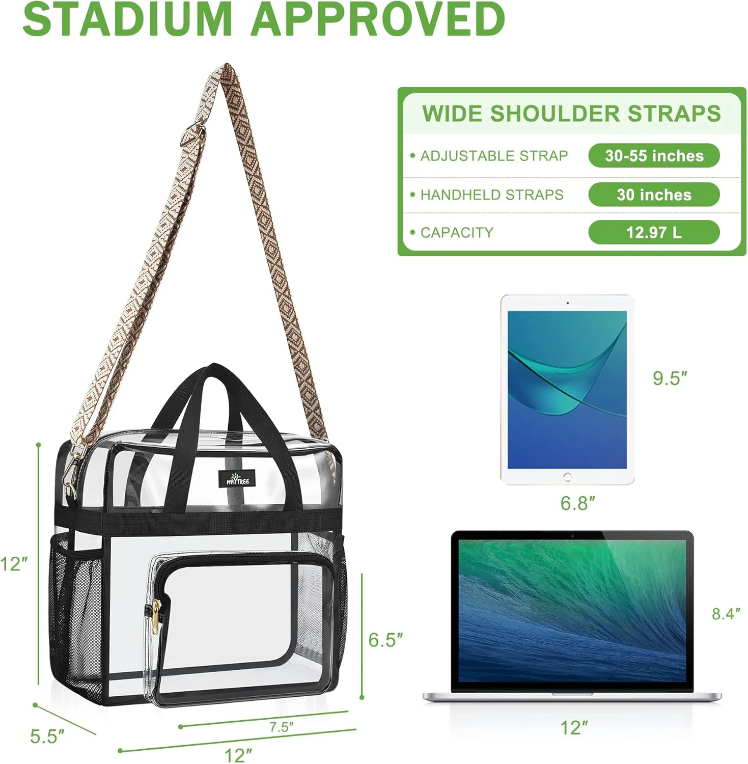 MAY TREE Clear Bag for Stadium Events, 12x6x12 Clear Tote Bag with Removable Strap, Transparent Bag for Concert Sports Festival, Beige Cube-Strap