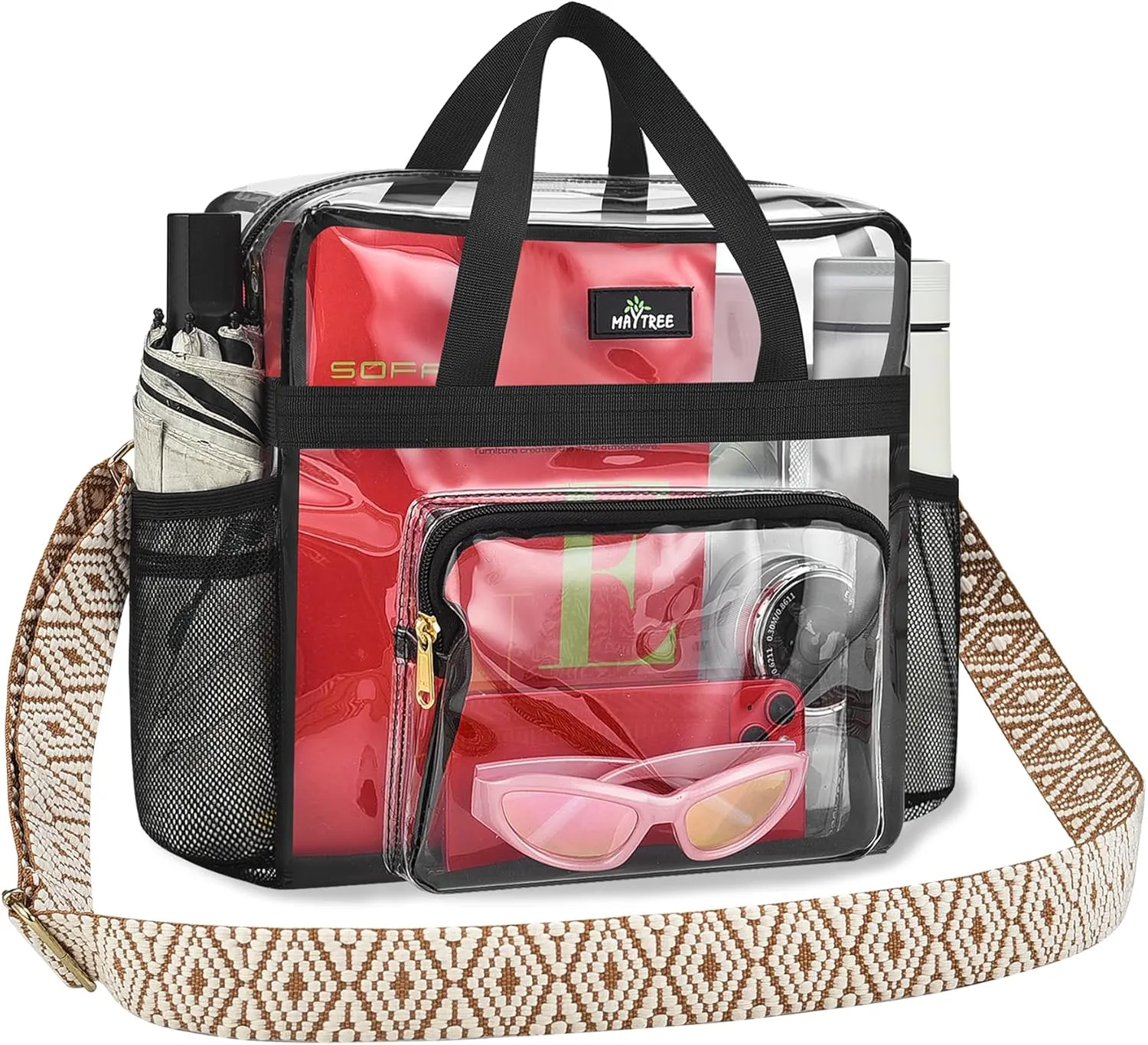 MAY TREE Clear Bag for Stadium Events, 12x6x12 Clear Tote Bag with Removable Strap, Transparent Bag for Concert Sports Festival, Beige Cube-Strap