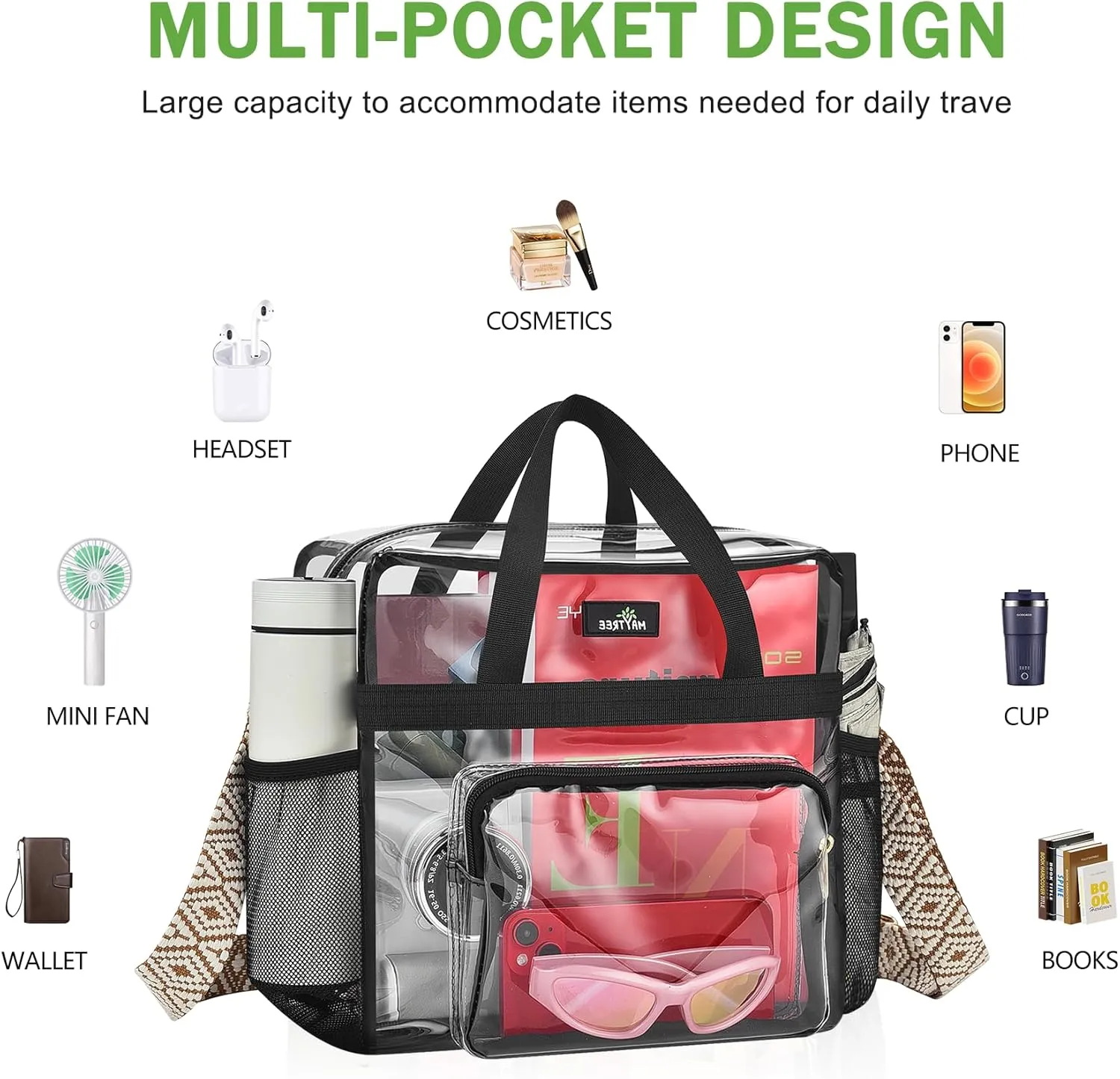 MAY TREE Clear Bag for Stadium Events, 12x6x12 Clear Tote Bag with Removable Strap, Transparent Bag for Concert Sports Festival, Beige Cube-Strap
