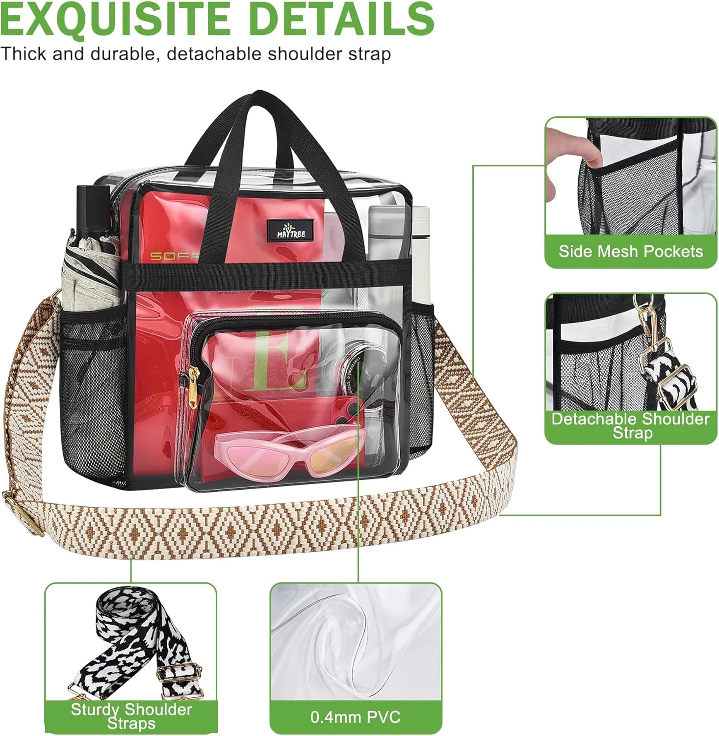 MAY TREE Clear Bag for Stadium Events, 12x6x12 Clear Tote Bag with Removable Strap, Transparent Bag for Concert Sports Festival, Beige Cube-Strap